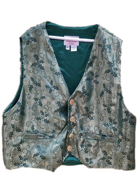 green and gold holly print santa claus vest